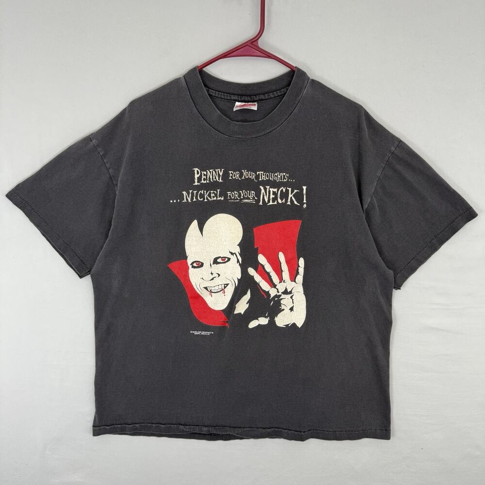 VTG Dracula T Shirt 1991 Penny for your Thoughts Nickel for your Neck Vampire